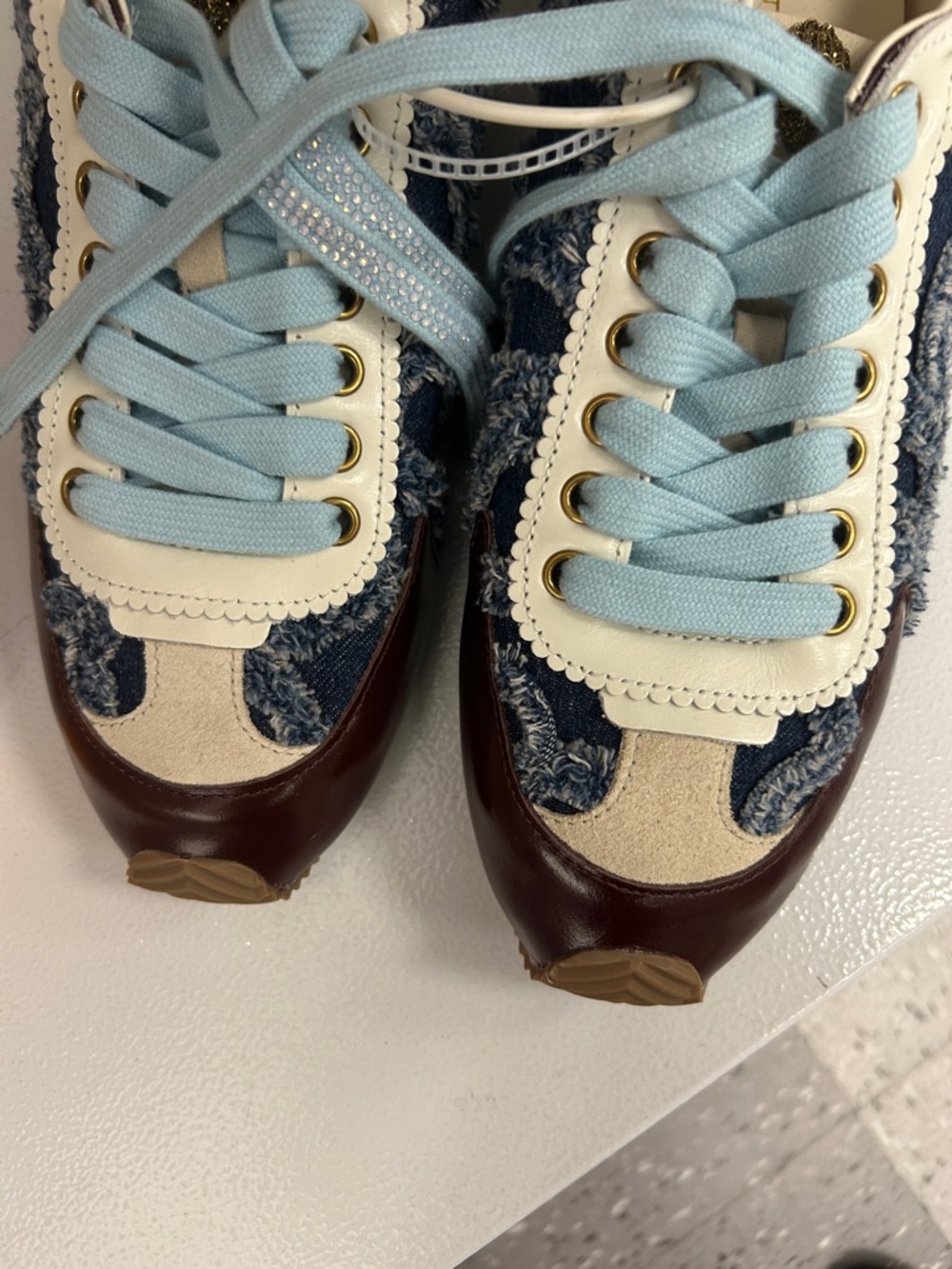 KURT GEIGER Casual Islington Denim Leather Logo Ornament Lace Up Sneakers Sz 11 - Picture 2 of 5